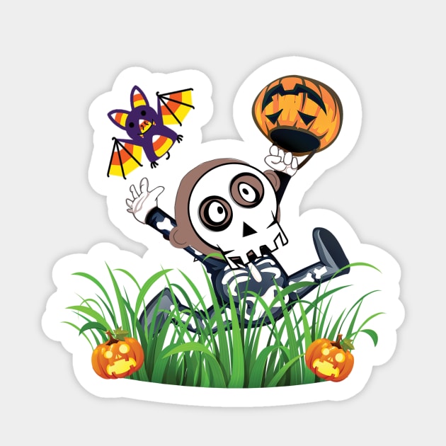 Cute Trick or Treat Bat Attack on Crazy Skeleton Child Sticker by dcohea